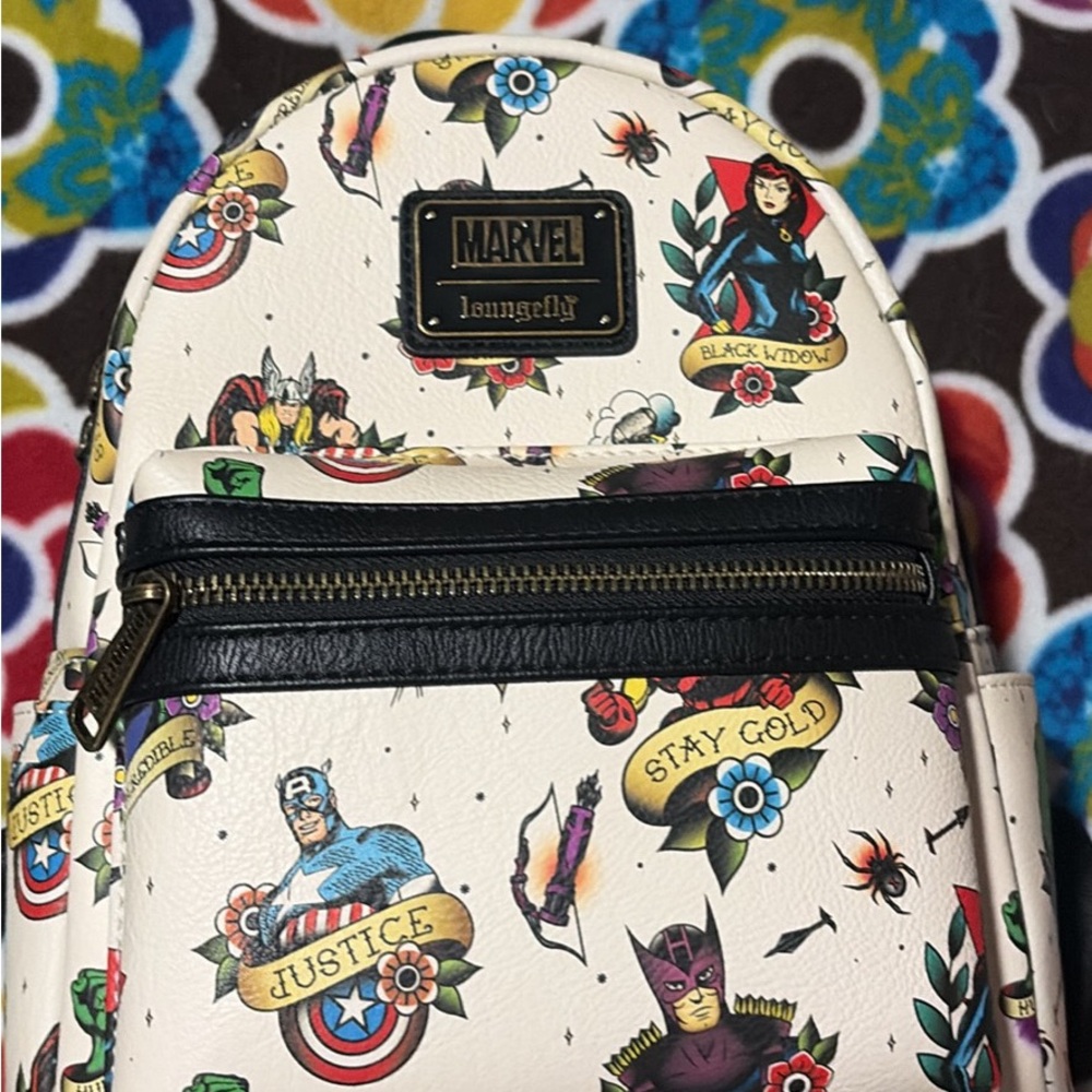 Loungefly Marvel Tattoo Print Mini Backpack - Cream, Black, Multicolor